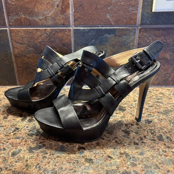 Marc Fisher Stanley Black Leather Platform Heels 6.5 Adjustable Slingback Strap - Picture 1 of 8